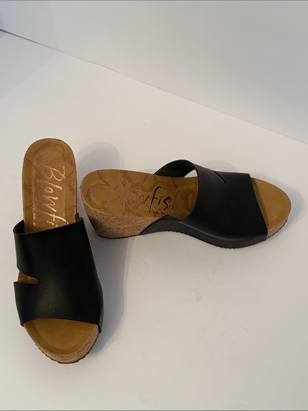 Blowfish Black Slide Wedge Sandals with Cork-Style Heel